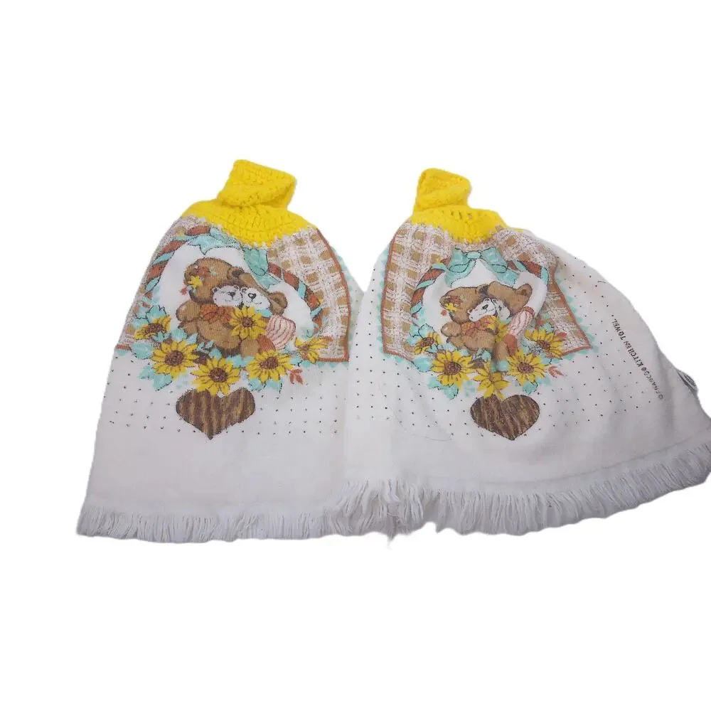 Vintage Jay Franco Crochet Top Kitchen Hand Towels Teddy Bear Set Of 2